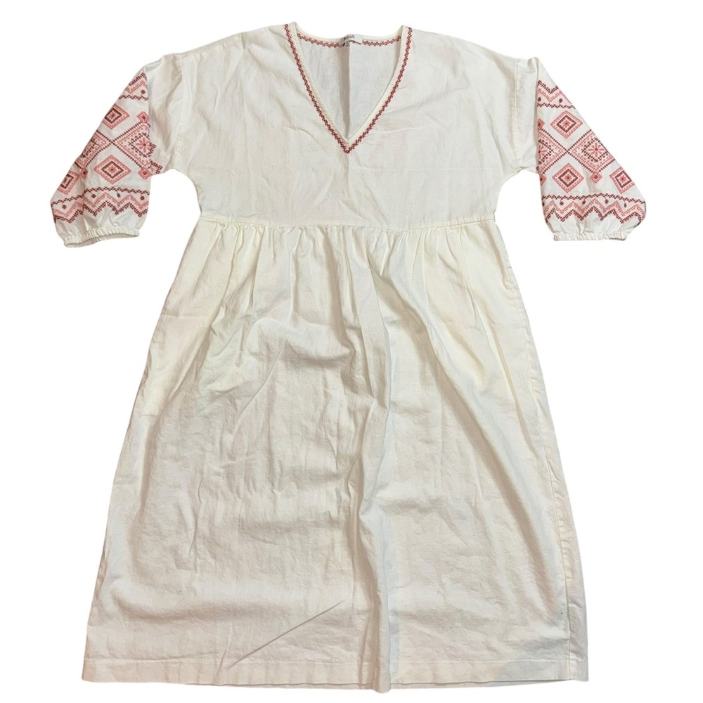 Madewell Embroidered V Neck Linen Blend Midi Dress Women SP White Red